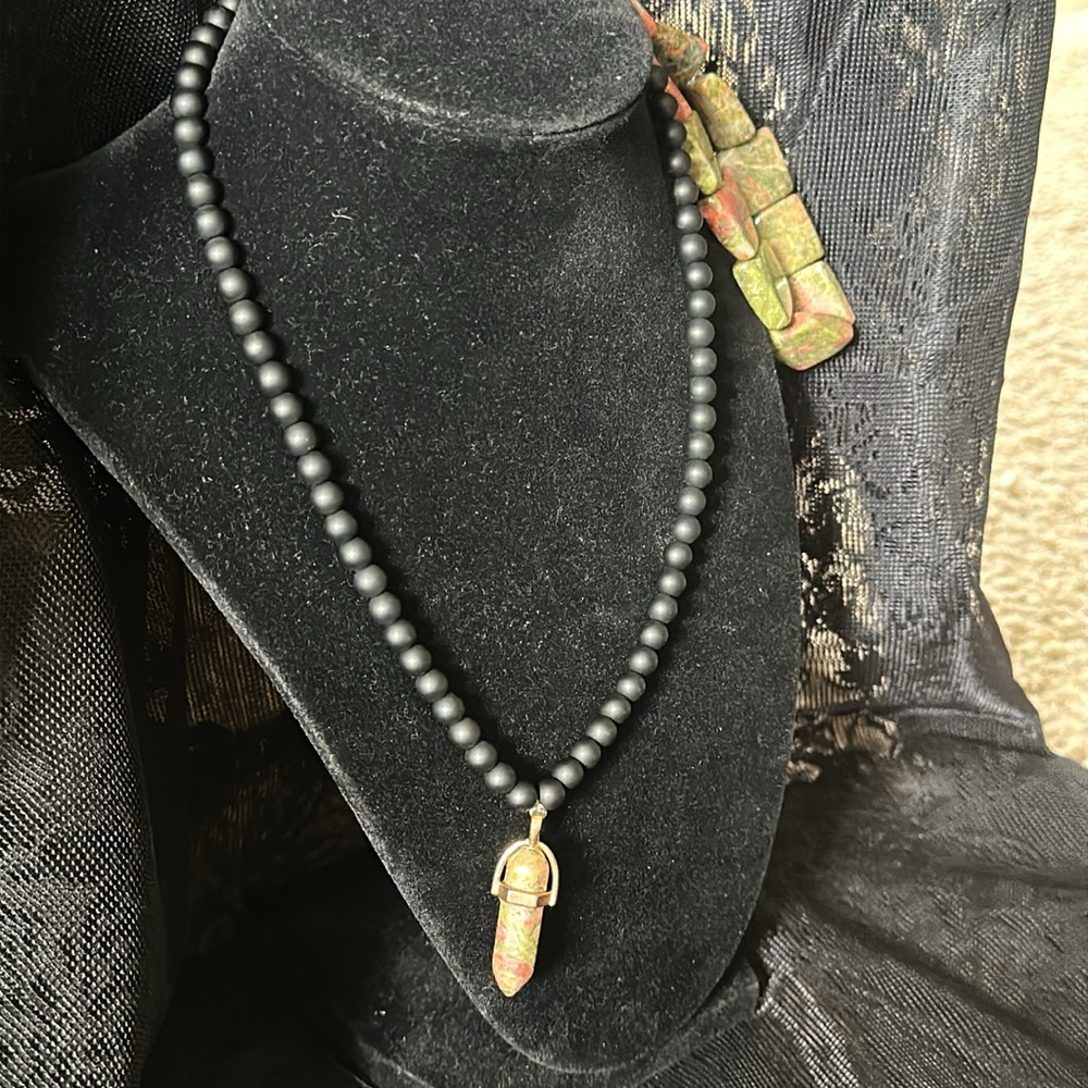 Unakite, Matte Onyx & Clear Quartz Necklace And Unakite Bracelet/ Anklet Bundle